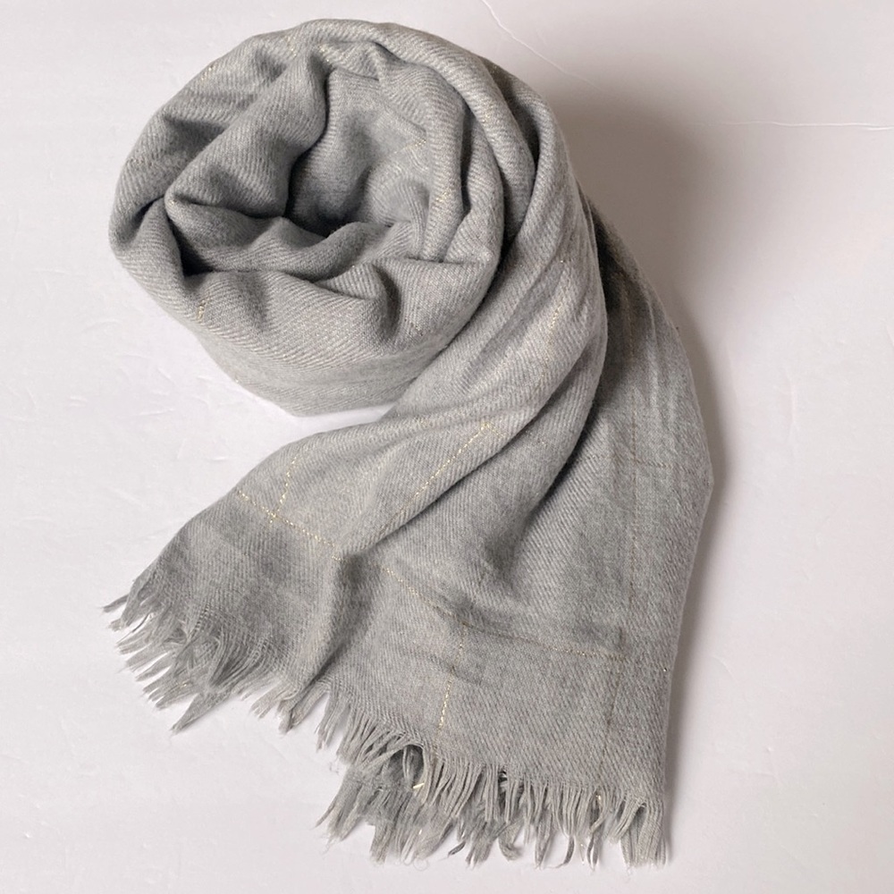 Large Gray with gold metallic plaid Soft Scarf Shawl Wrap Stole with fringes